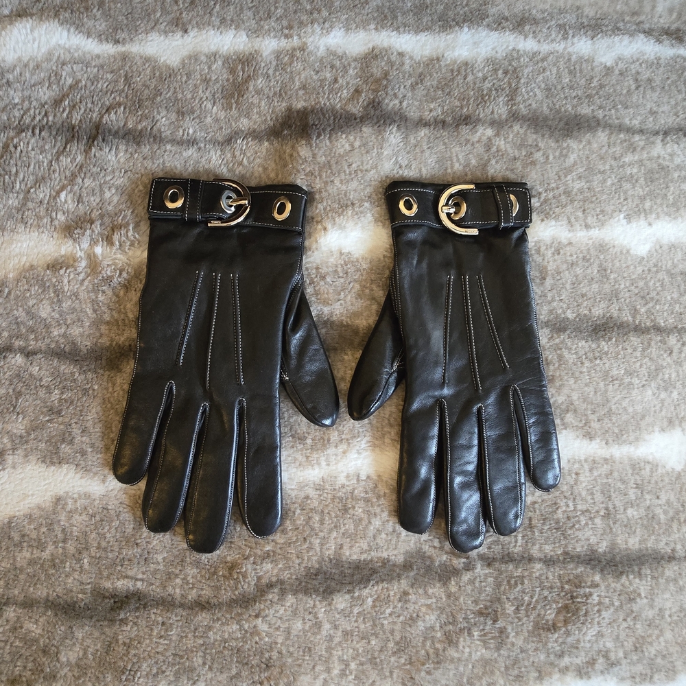 Coach Black Leather Gloves with Silver Buckle - Picture 4 of 5